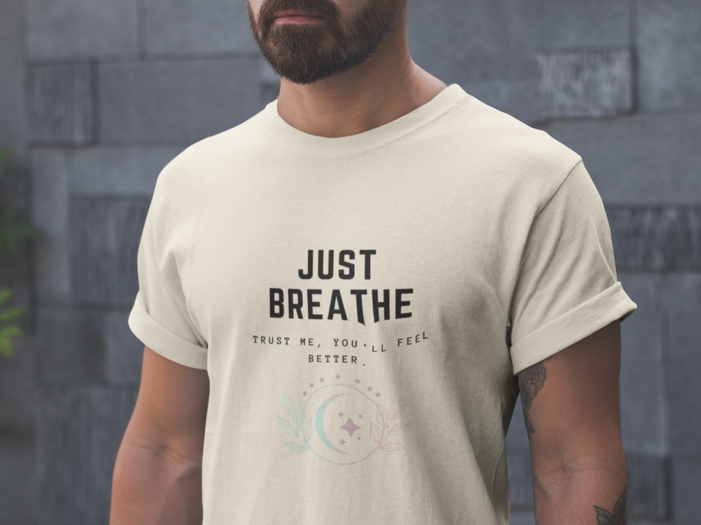 Inspirational Just Breathe T-Shirt, Mindfulness Quote Tee, Positive Message, Moon and Leaves Graphic