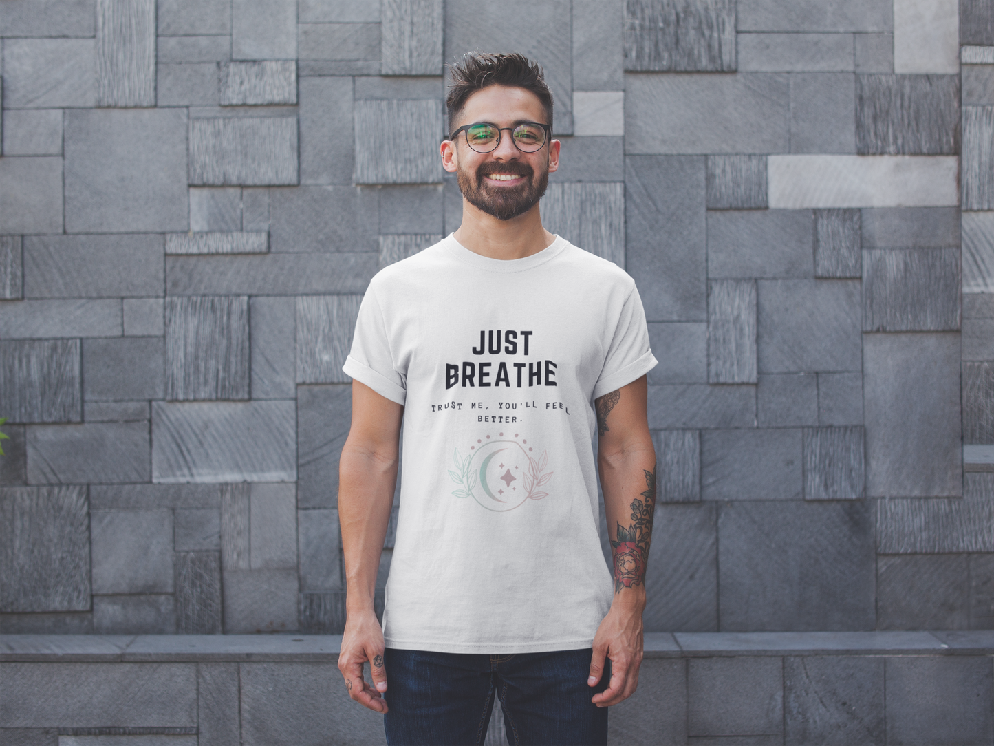 Inspirational Just Breathe T-Shirt, Mindfulness Quote Tee, Positive Message, Moon and Leaves Graphic