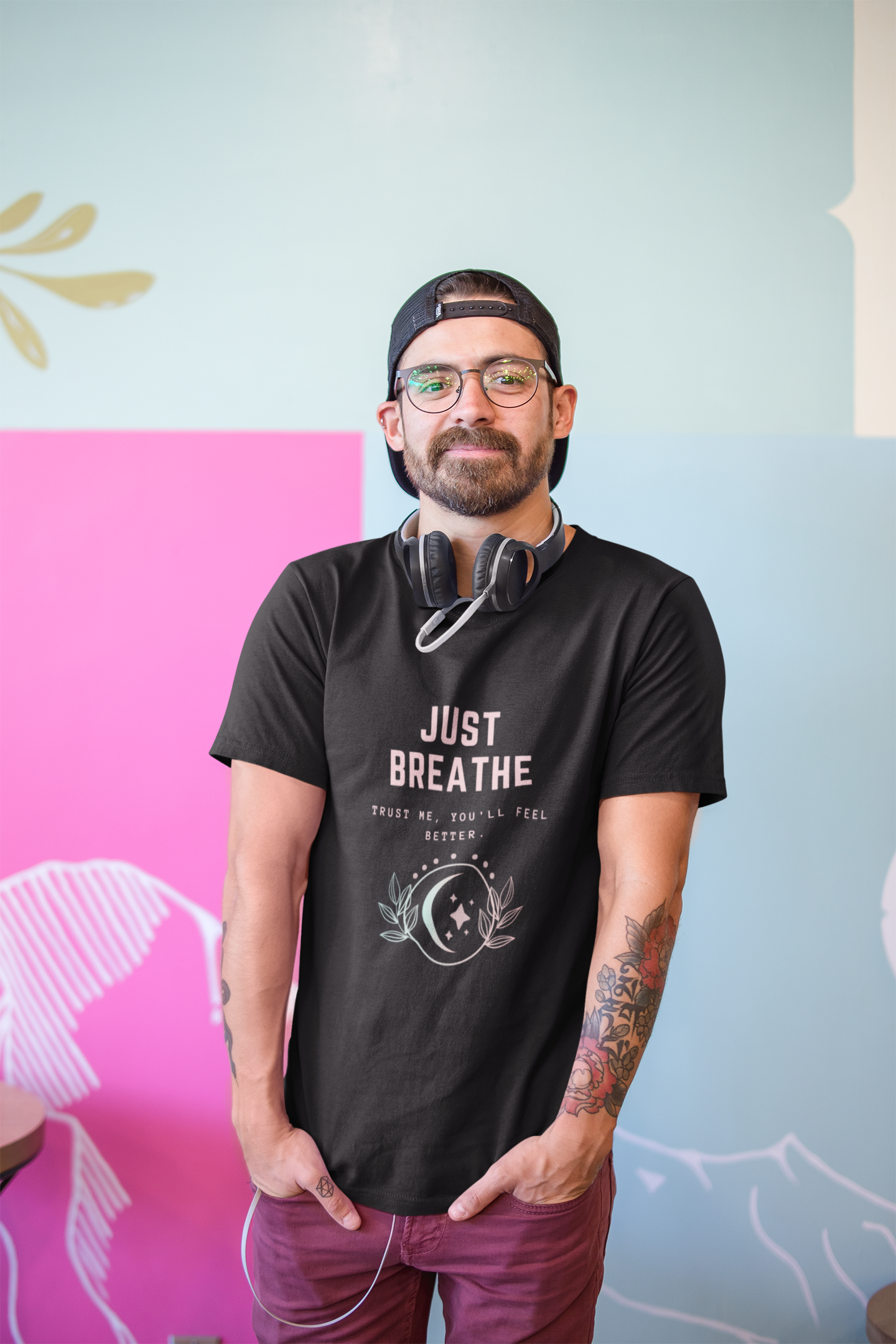 Inspirational Just Breathe T-Shirt, Mindfulness Quote Tee, Positive Message, Moon and Leaves Graphic