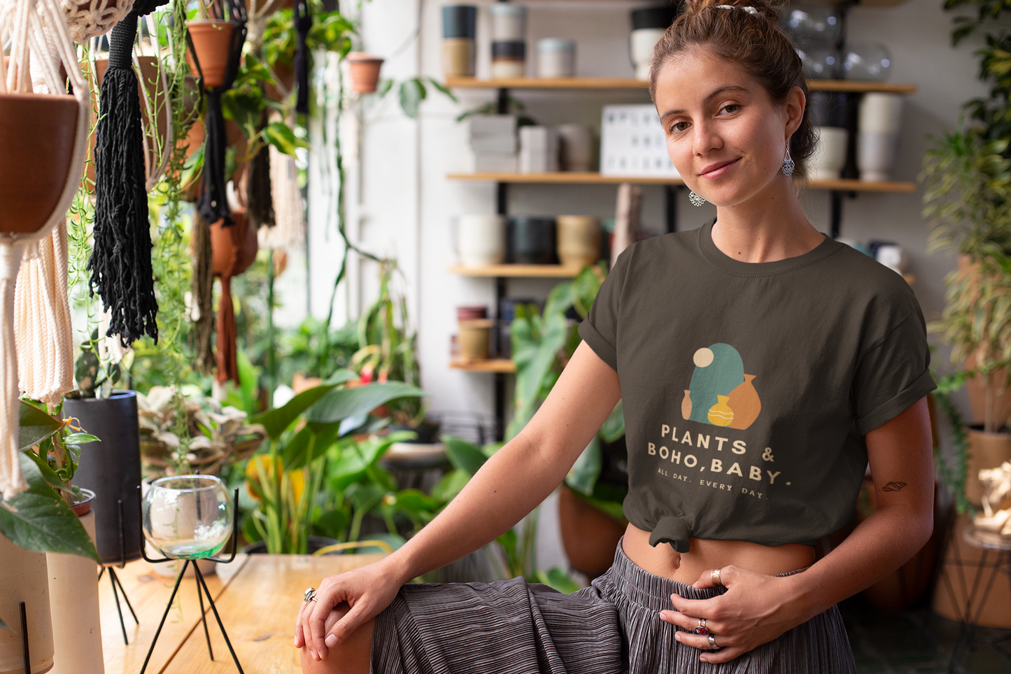 Boho Chic Plant Lover T-Shirt, Casual Graphic Tee, Modern Botanical Shirt, Trendy Gift for Gardeners, Unisex Apparel