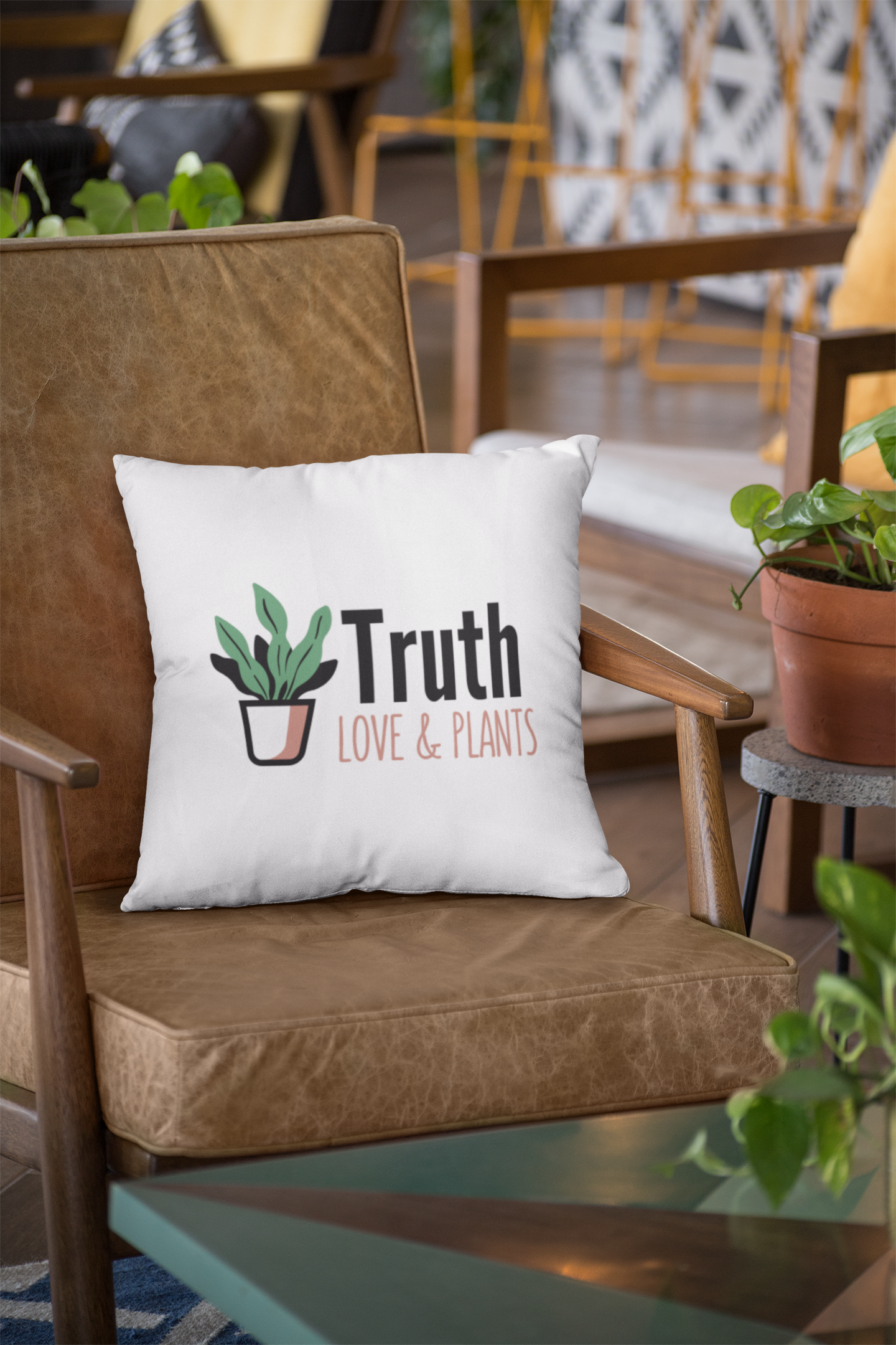 Inspirational Quote Pillow, Truth Love & Plants, Modern Home Decor, Boho Living Room Accent, Green Thumb Gift