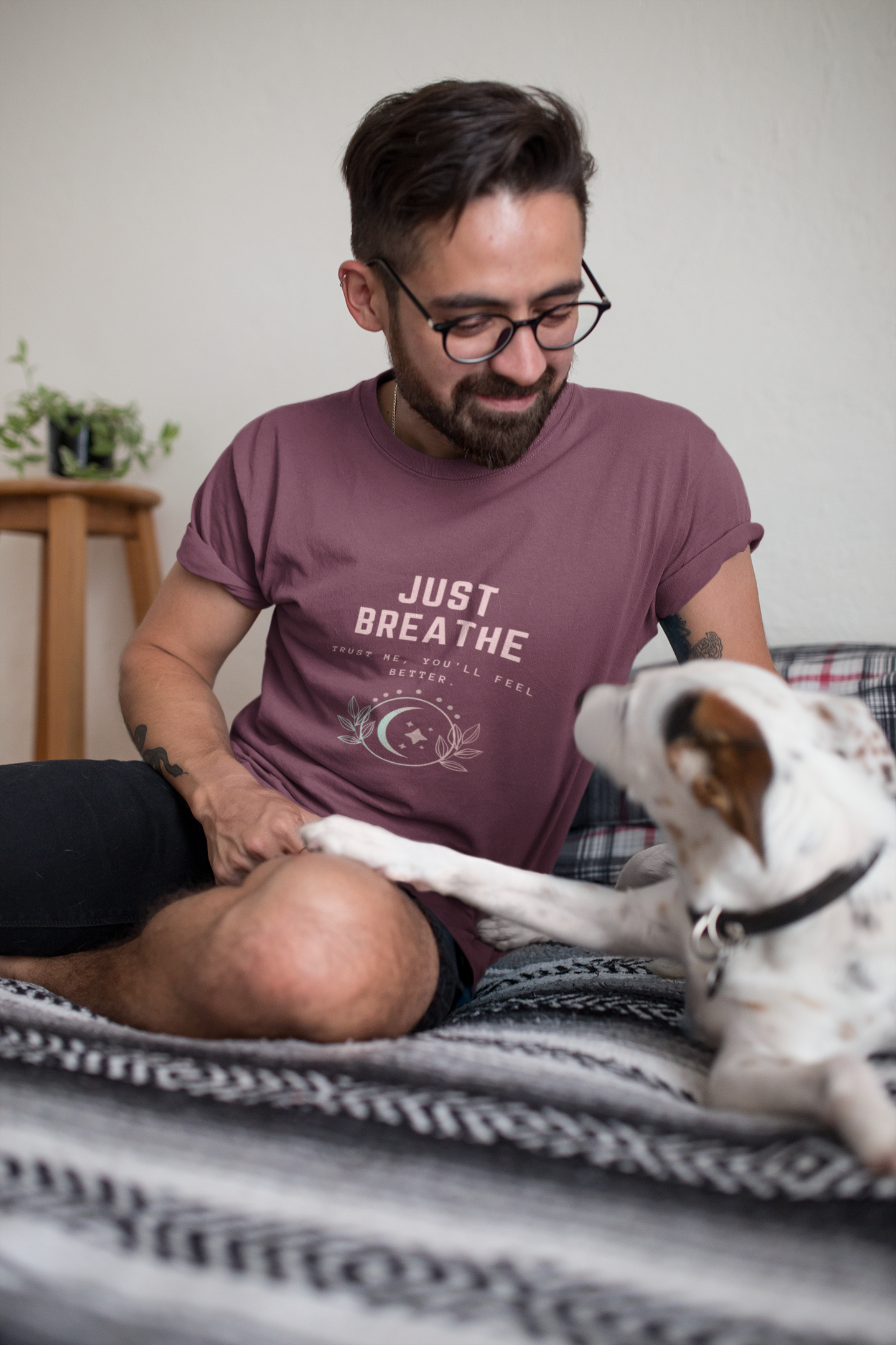 Inspirational Just Breathe T-Shirt, Mindfulness Quote Tee, Positive Message, Moon and Leaves Graphic