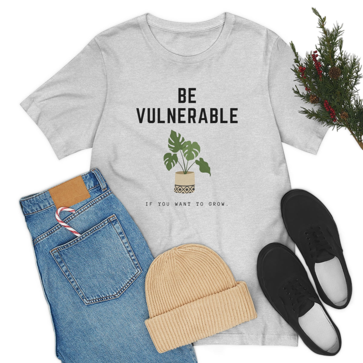 Inspirational Quote T-Shirt, Be Vulnerable Motivational Shirt, Plant Design, Unisex Tee for Personal Growth and Mindfulness